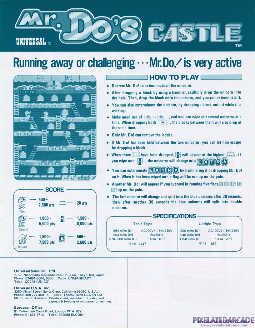 Mr. Do!'s Castle Advertisement: Mr. Do!'s Castle arcade flyer - Back