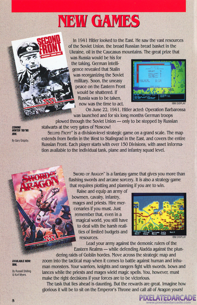 Sword of Aragon Advertisement: SSI 1989-1990 product catalog