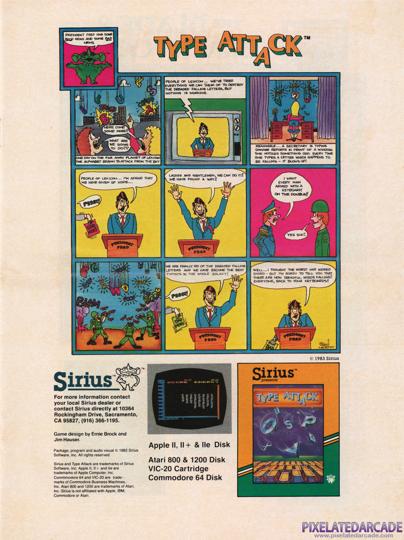 Type Attack Advertisement: Sirius Software Summer 1983 product catalog