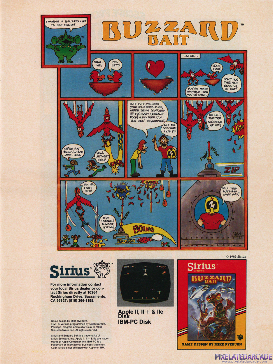 Buzzard Bait Advertisement: Sirius Software Summer 1983 product catalog