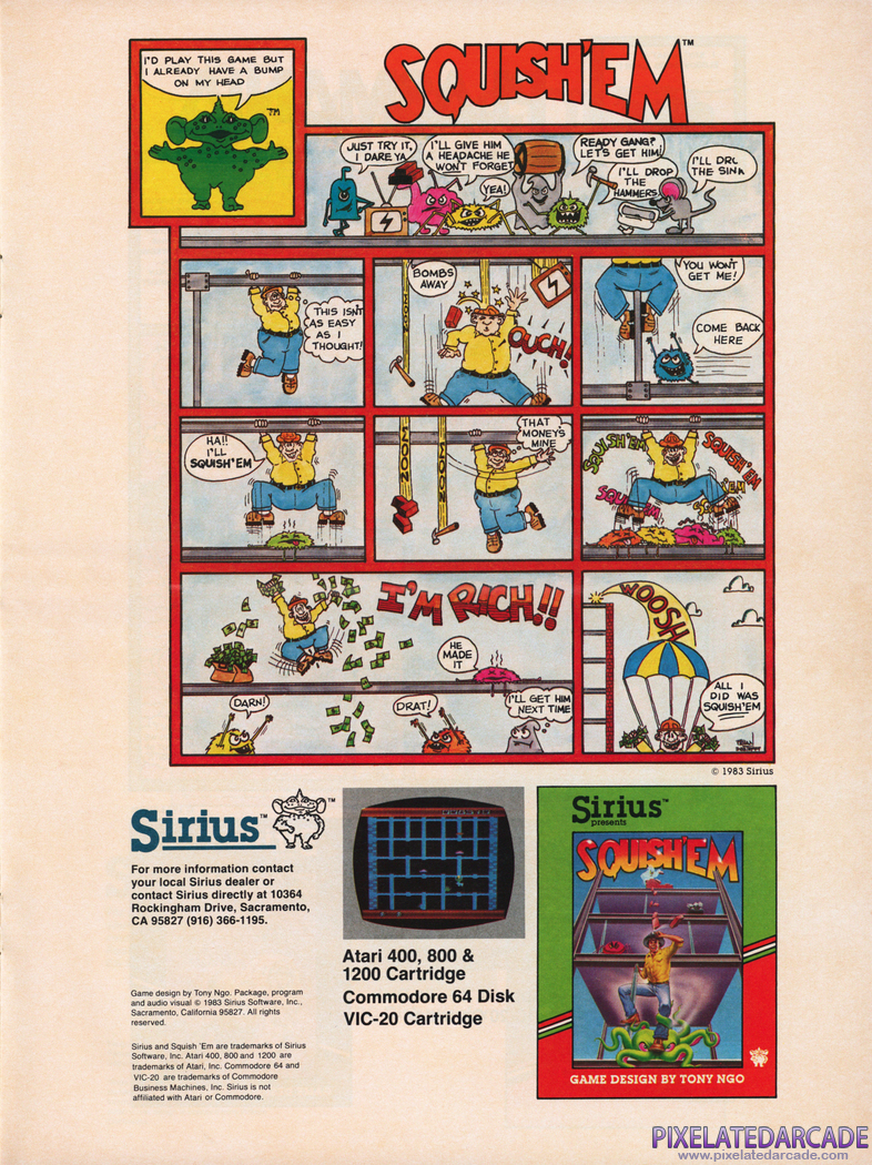 Squish 'Em Advertisement: Sirius Software Summer 1983 product catalog