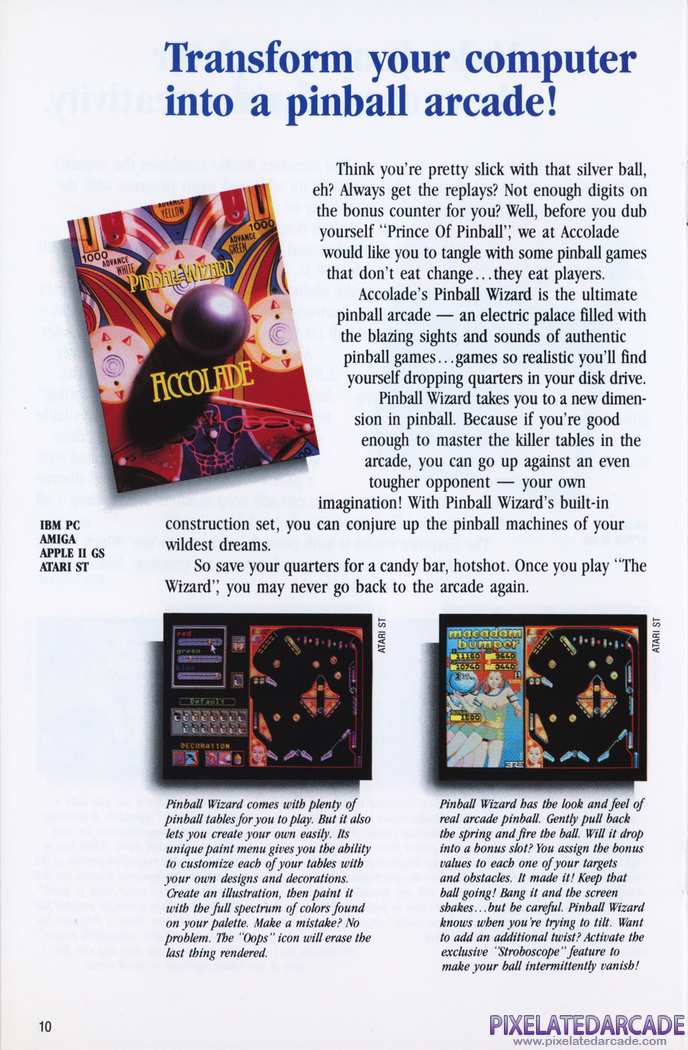 Pinball Wizard Advertisement: Accolade 1988 product catalog
