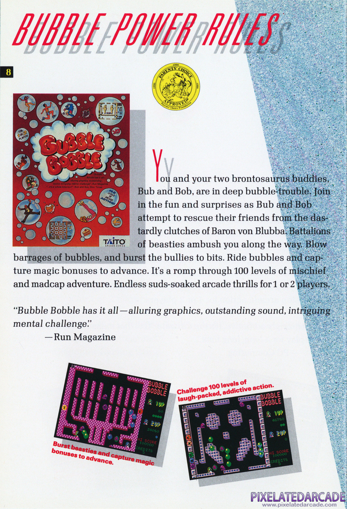 Bubble Bobble Advertisement: Taito 1990 product catalog