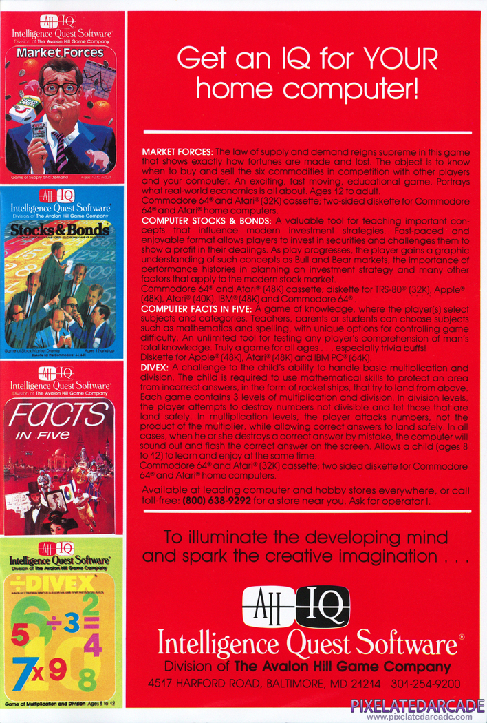 Computer Stocks & Bonds Advertisement: Avalon Hill 1985 product catalog