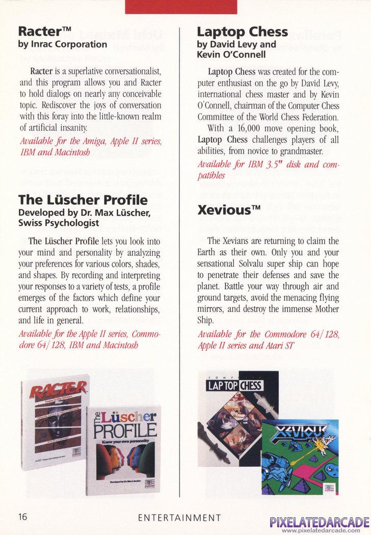 Racter Advertisement: Mindscape 1988 product catalog