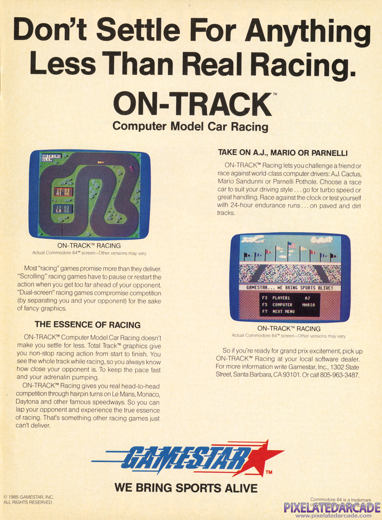 On-Track Computer Model Car Racing Advertisement: March 1985 magazine ad