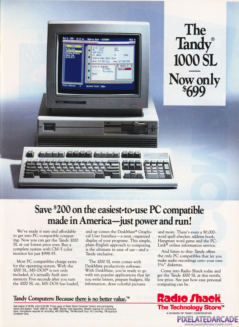 IBM PC/Compatibles Advertisement: Tandy 1000 SL - April 1989 magazine ad