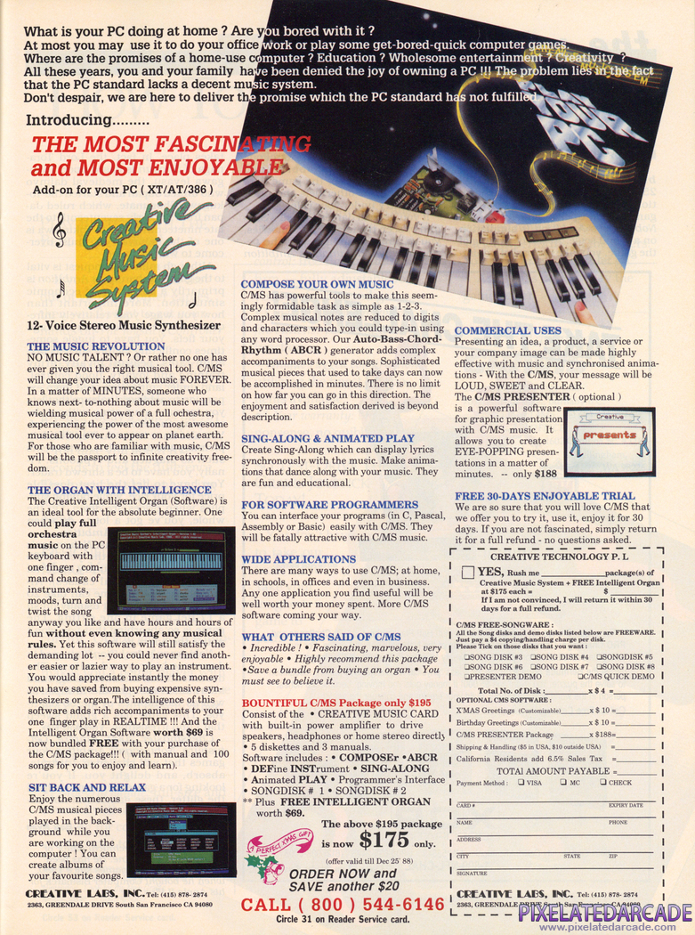 CMS / Game Blaster Advertisement: Creative Music System Fall 1988 magazine ad