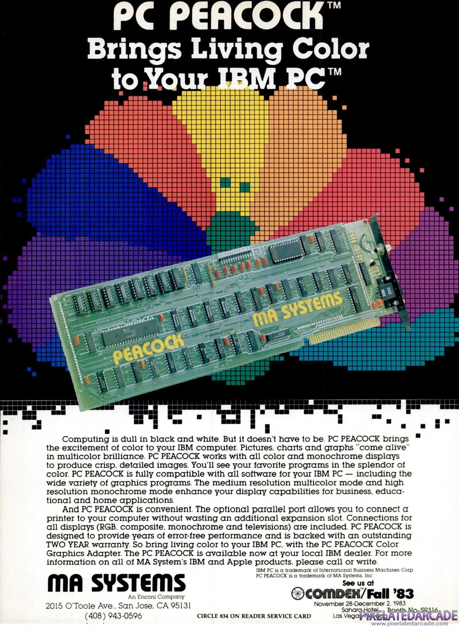CGA Advertisement: MA Systems PC Peacock CGA card - December 1983 magazine ad