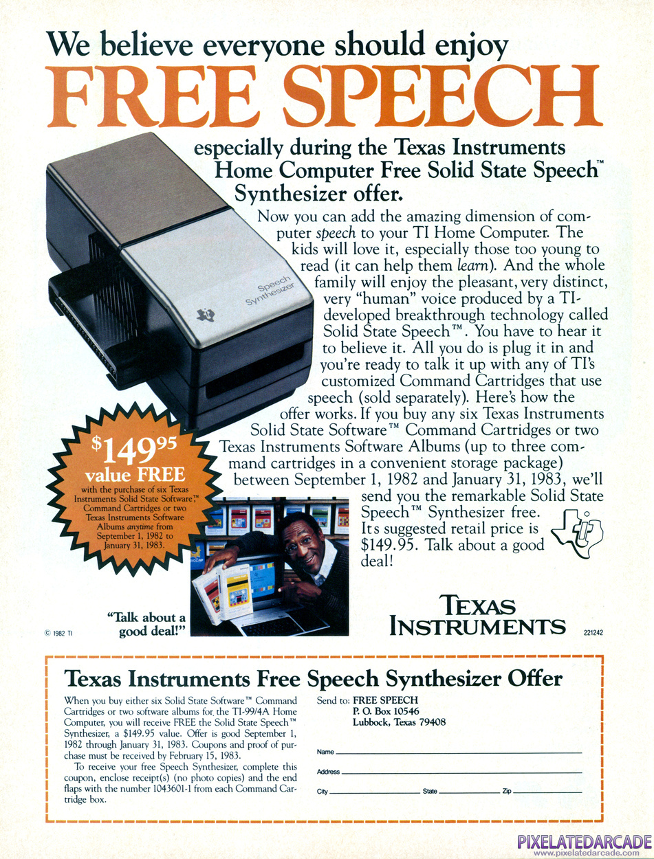 TI Speech Synthesizer Advertisement: November 1982 magazine ad
