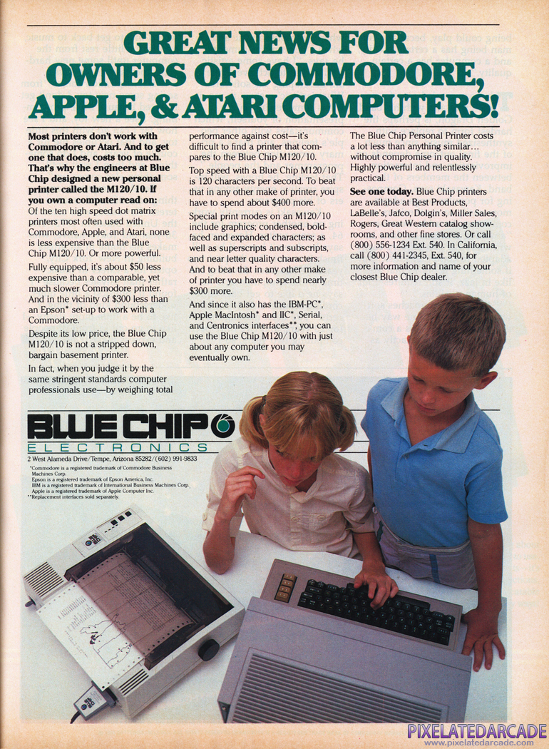 Printer Advertisement: Blue Chip Electronics February 1985 magazine ad