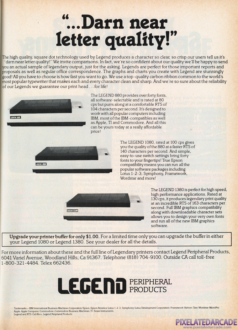 Printer Advertisement: Legend Peripheral Products Printer 1985 magazine ad