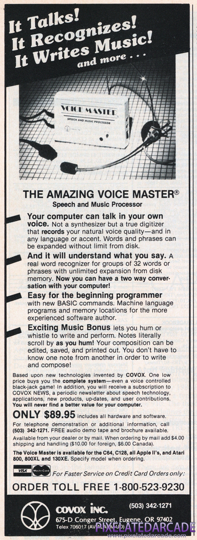 Covox VoiceMaster Advertisement: March 1986 magazine ad