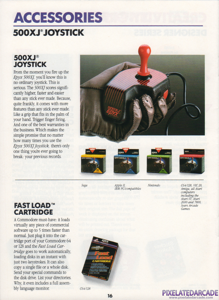 Joystick Advertisement: 500XJ joystick in Epyx product catalog