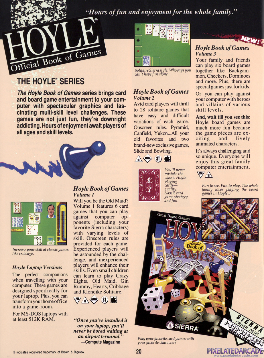 Hoyle: Official Book of Games - Volume 2: Solitaire Advertisement: Sierra 1991 product catalog Hoyle: Official Book of Games - Volume 2: Solitaire Advertisement: Sierra 1991 product catalog