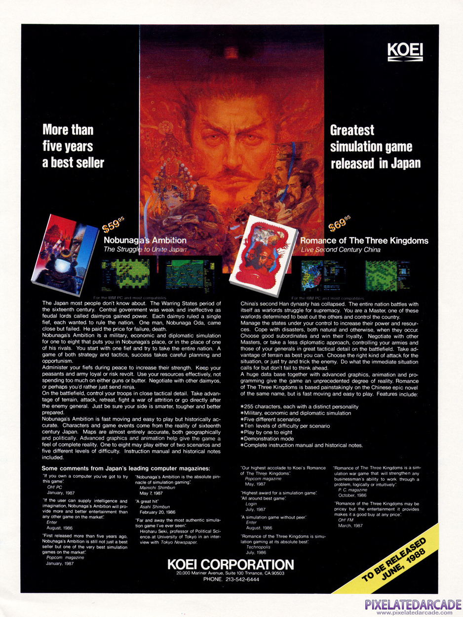 Nobunaga's Ambition Advertisement: KOEI Corporation July 1988 magazine ad