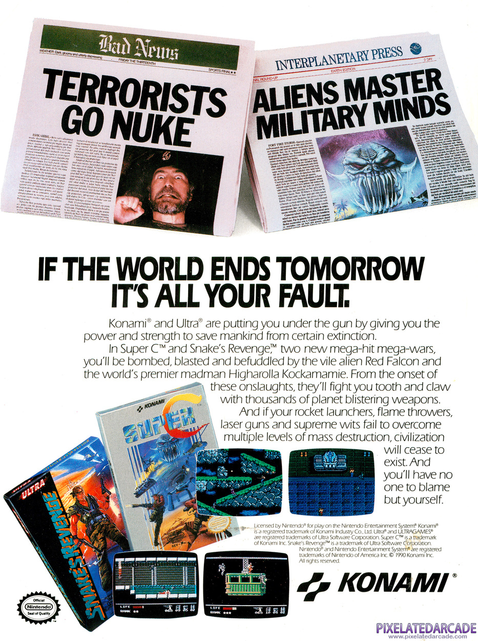 Super Contra Advertisement: Konami February 1990 magazine ad