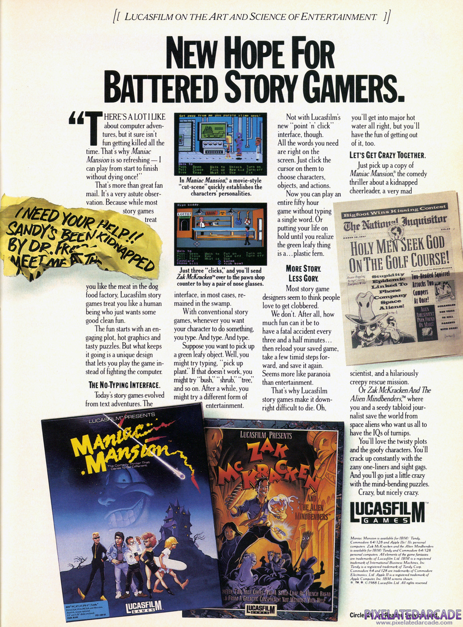 Maniac Mansion Advertisement: Lucasfilm Games Fall 1988 magazine ad
