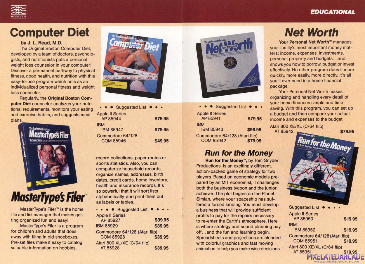 Run for the Money Advertisement: Scarborough Systems programs in Mindscape 1986 product catalog