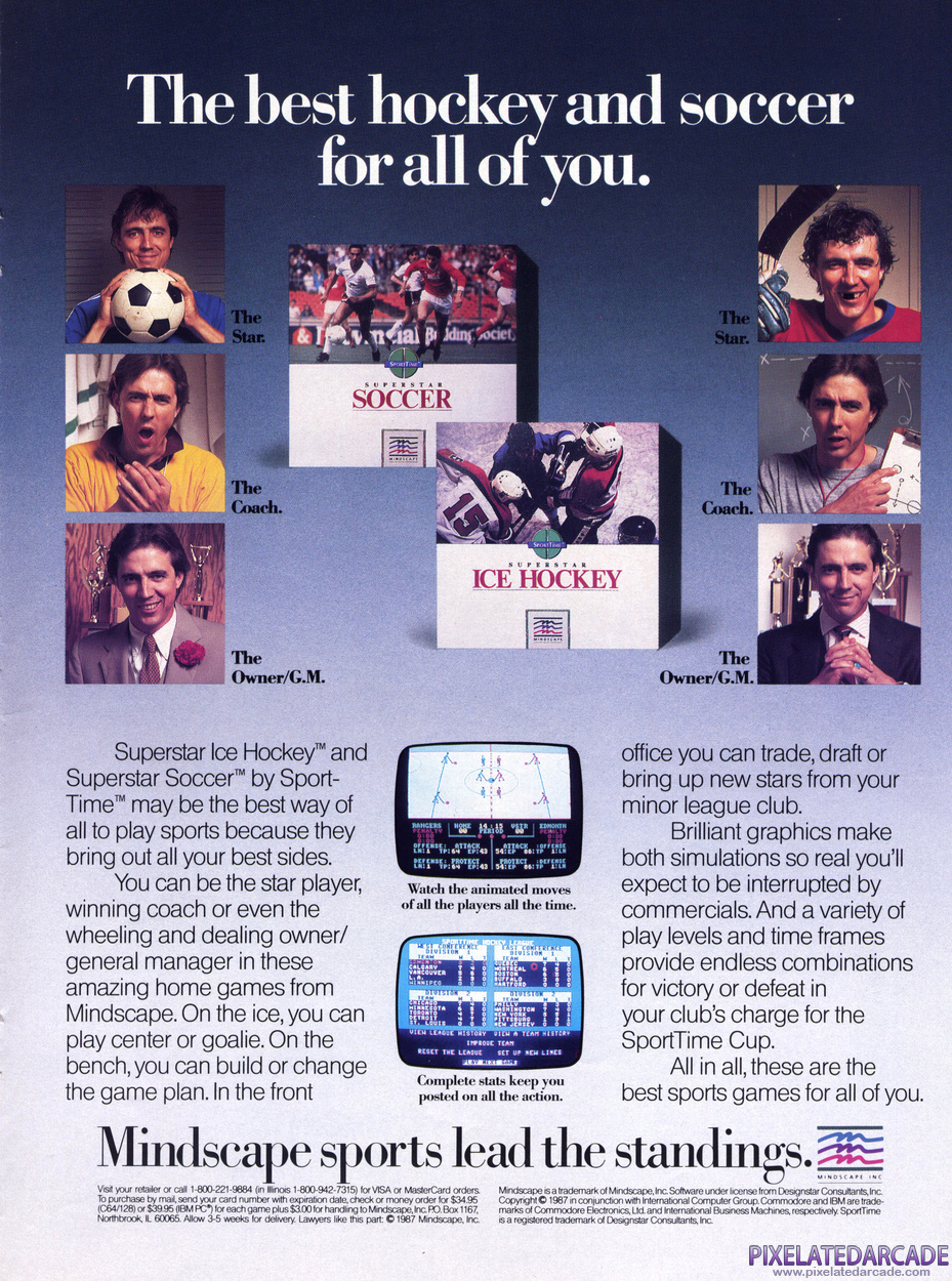 Superstar Ice Hockey Advertisement: Mindscape October 1987 magazine ad