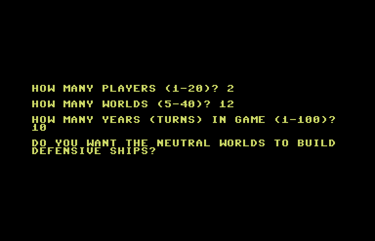 Galaxy Commodore 64 Screenshot: Setting up some game options.