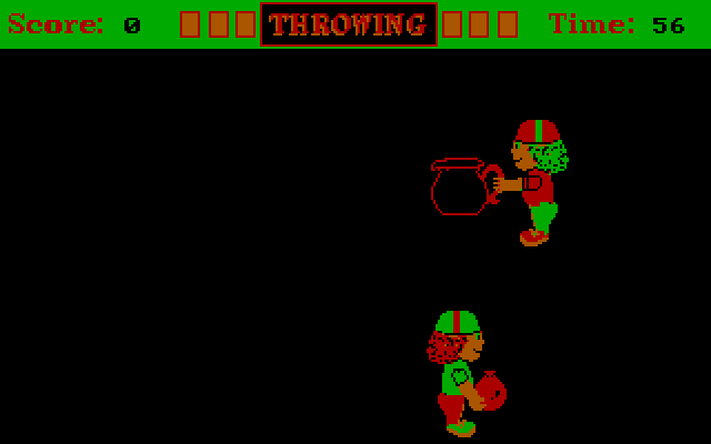Fun House IBM PC/Compatibles Screenshot: Try to throw water balloons into the bucket.