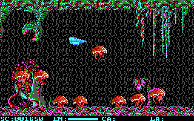 Menace IBM PC/Compatibles Screenshot: Jellyfish jump up from the bottom of the screen here.