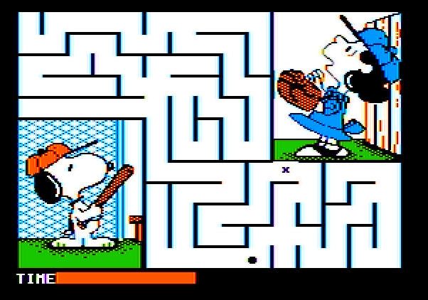 Peanuts Maze Marathon Apple II Screenshot: Guide the dot towards the X to solve the maze...