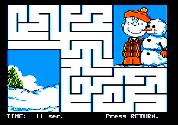 Peanuts Maze Marathon Apple II Screenshot: Maze completed!