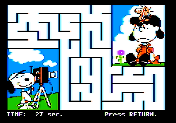 Peanuts Maze Marathon Apple II Screenshot: Solved this maze in 27 seconds!