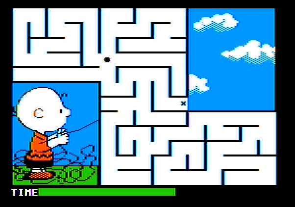 Peanuts Maze Marathon Apple II Screenshot: The green bar at the bottom indicates how much time you have.