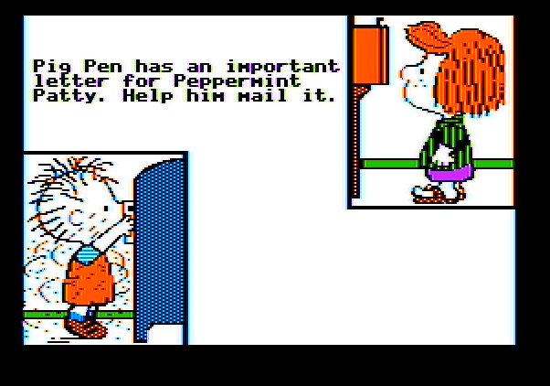 Peanuts Maze Marathon Apple II Screenshot: This time we're helping out Pig Pen.