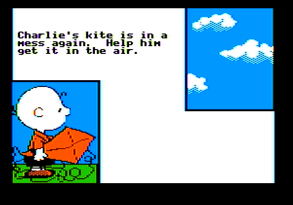 Peanuts Maze Marathon Apple II Screenshot: Help Charlie Brown fly the kite...