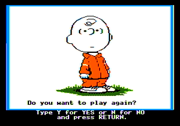 Peanuts Maze Marathon Apple II Screenshot: Maze complete, play again?