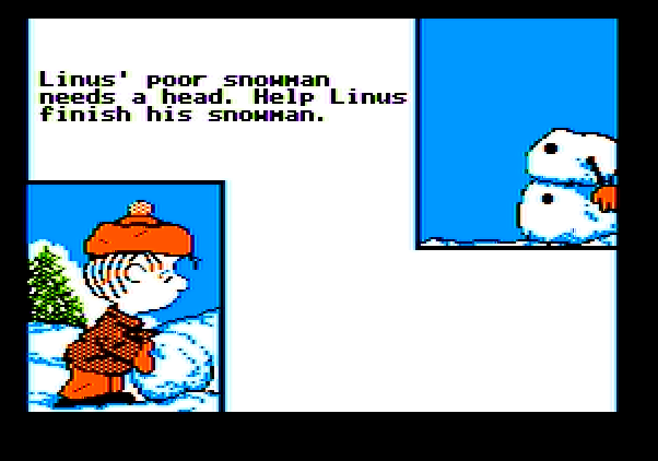 Peanuts Maze Marathon Apple II Screenshot: Help Linus build a snowman...