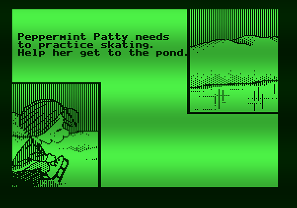 Peanuts Maze Marathon Apple II Screenshot: Peppermint Patty needs some help...