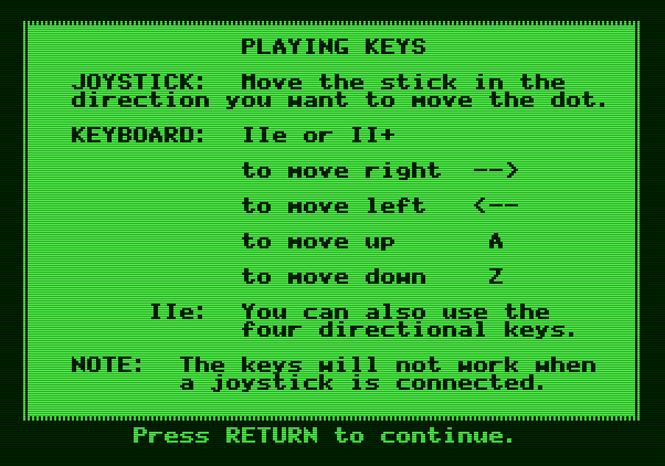 Peanuts Maze Marathon Apple II Screenshot: The first screen of game instructions.