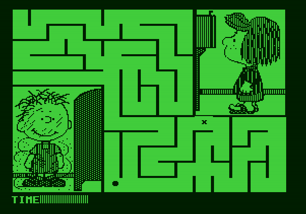Peanuts Maze Marathon Apple II Screenshot: Guide the dot towards the X at the end of the maze.