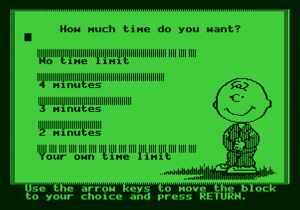 Peanuts Maze Marathon Apple II Screenshot: How much time do you want to solve the maze?