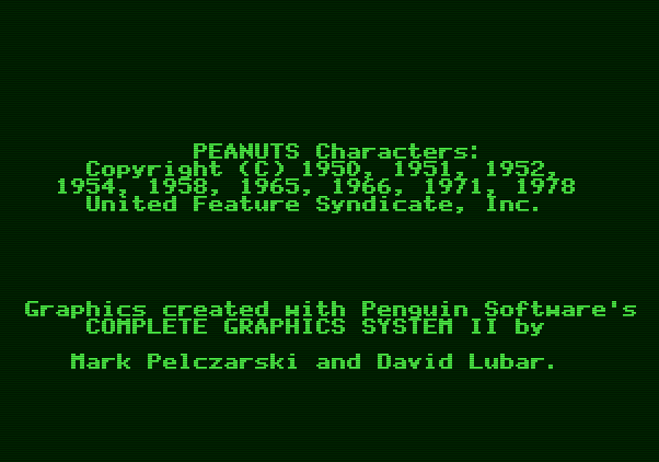 Peanuts Maze Marathon Apple II Screenshot: Copyright information.