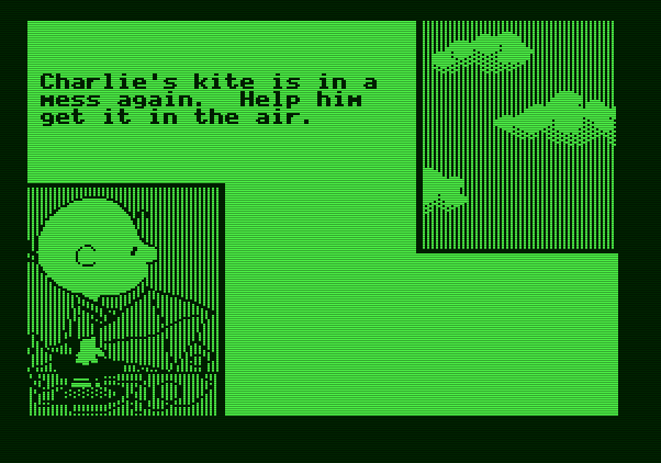Peanuts Maze Marathon Apple II Screenshot: Time to help out Charlie Brown fly a kite.