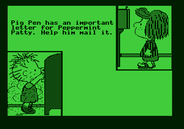 Peanuts Maze Marathon Apple II Screenshot: Helping out Pig Pen...