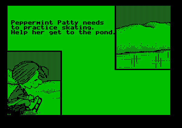 Peanuts Maze Marathon Apple II Screenshot: Peppermint Patty needs some help...
