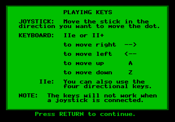 Peanuts Maze Marathon Apple II Screenshot: The first screen of game instructions.
