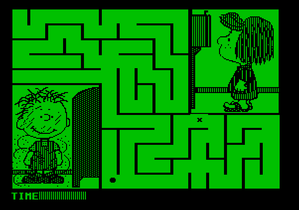 Peanuts Maze Marathon Apple II Screenshot: Guide the dot towards the X at the end of the maze.