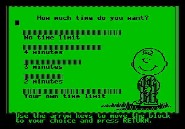 Peanuts Maze Marathon Apple II Screenshot: How much time do you want to solve the maze?
