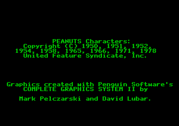 Peanuts Maze Marathon Apple II Screenshot: Copyright information.