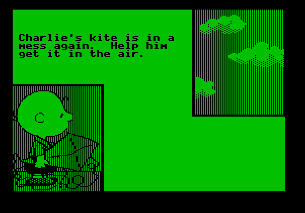 Peanuts Maze Marathon Apple II Screenshot: Time to help out Charlie Brown fly a kite.