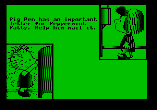 Peanuts Maze Marathon Apple II Screenshot: Helping out Pig Pen...