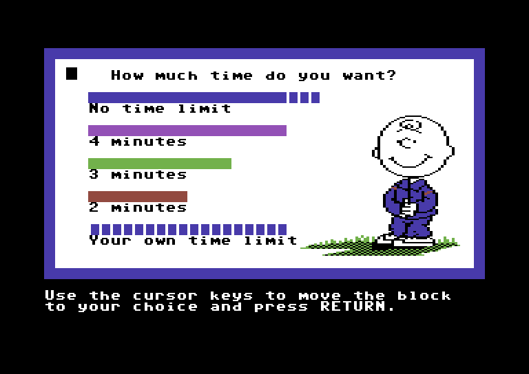 Peanuts Maze Marathon Commodore 64 Screenshot: How much time do you want?